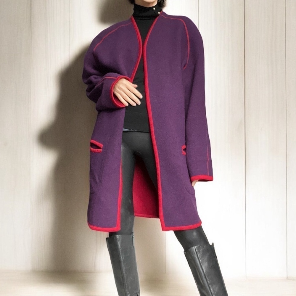 VTG 80s Reversible Wool Coatigan Open Cardigan Coat Duster Red Purple Boxy M/L